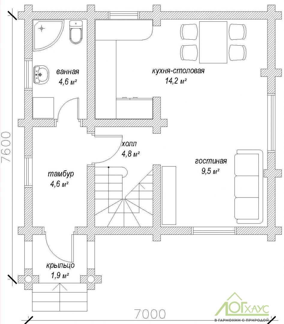 Планировка дома из бревна по проекту 89 (1й этаж)
