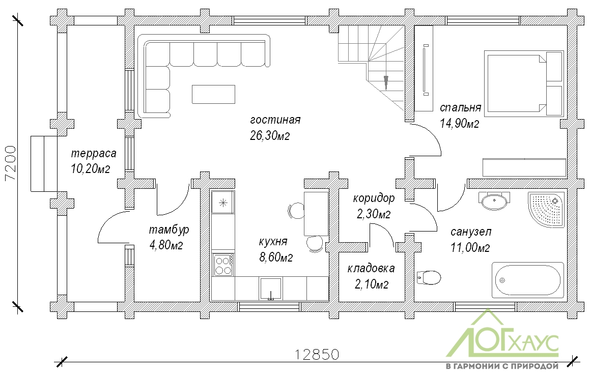 Планировка дома из бревна по проекту 97 (1й этаж)