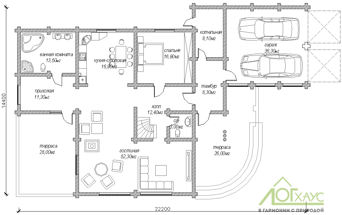 Индивидуальная планировка дома из бревна с гаражом (1й этаж)