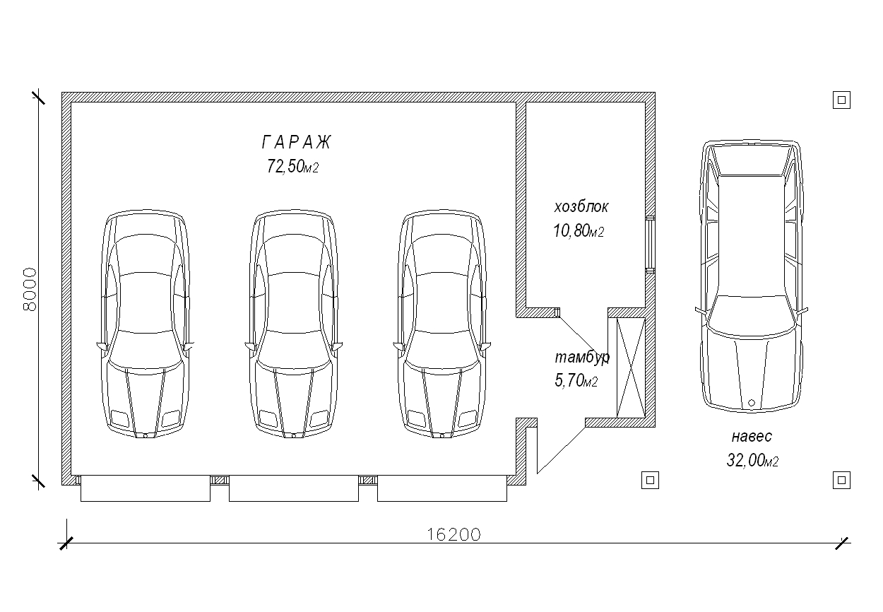 План гаража каркасного на 3 машины с навесом
